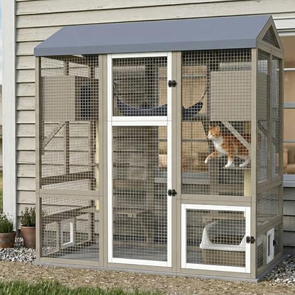 Ketive Catio Outdoor Cat Enclosure Large Walk-in Cat House with Gable Roof, Multi-Level Platforms, Cat Hammock & Litter Box Shelf, Elevated Wooden Cat Shelter for Multiple Cats - size: 61.5"L x 34"W x 66.54"H