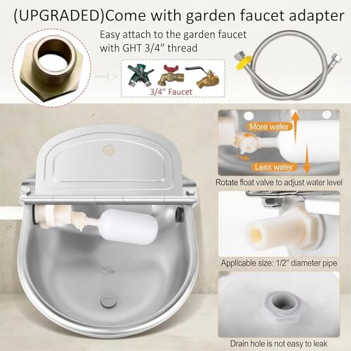 Automatic Animal Water Bowl with Float Valve, Stainless Steel Self-Filling Drinking Trough with Drain Hole, Farm Dog & Livestock Waterer for Horse, Goat, Cattle