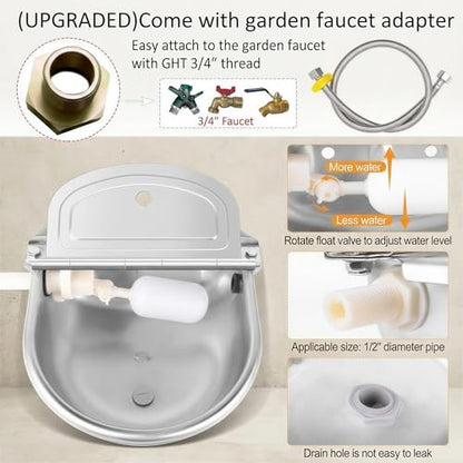 Automatic Animal Water Bowl with Float Valve, Stainless Steel Self-Filling Drinking Trough with Drain Hole, Farm Dog & Livestock Waterer for Horse, Goat, Cattle