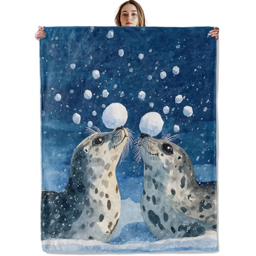 Winter Seals Playing with Snowballs Blanket, Soft Cozy Lightweight Cute Animal Throw Blanket for Women Kids Adults, Sofa Couch Bed 50x60 Inch Flannel Snow Scene Blankets for Travel Decor Gifts - color: Seal45, size: 50×60 Inch