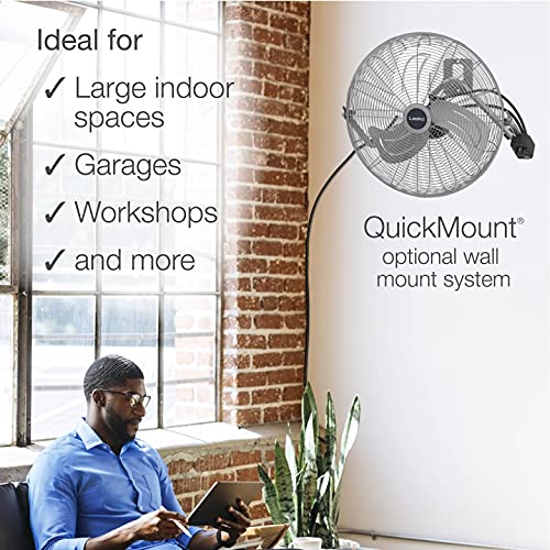 Lasko 20" Silver High Velocity Wall Mount Fan with Pivoting Head - 3 Speeds, Ideal Wall Mount Fan or Floor Fan for Home, Garage, Attic, 2265QM - color: Silver 2265qm