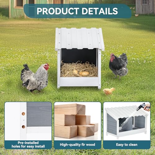 PETSFIT 1 Hole Chicken Nesting Box-All Weather PVC Roof, Natural Wood Design with Privacy Back Panel for Hens-Wall Mounted or Floor Use in Coops, Farms, Backyards,Easy to Assemble and Clean - size: 1 Holes