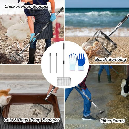15 inch Large Chicken Poop Scooper for Poop With Glove 4 in 1 Multi-Func Heavy Duty Metal 25 to 74” Long Handle Chicken Coop Scoop Scooper for Sand Sifting Shovel for Chicken Coop Rake Cleaning Tools
