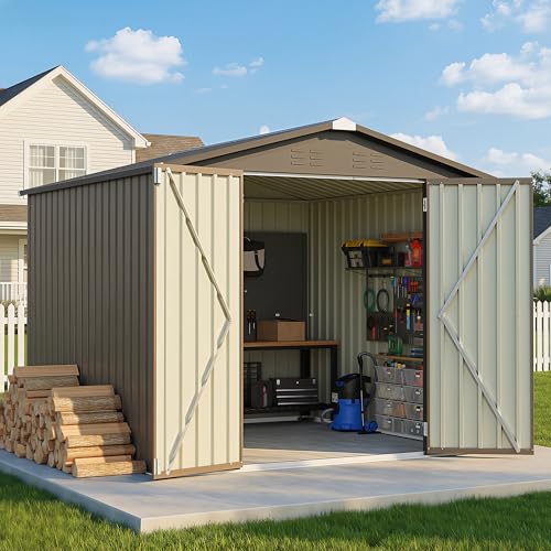Greesum 8x8FT Outdoor Storage Shed, Utility Tool Shed with Sloping Roof, Metal Storaged Garden Shed with Door & Lock for Patio Storage, Brown - color: Brown, size: 8x8