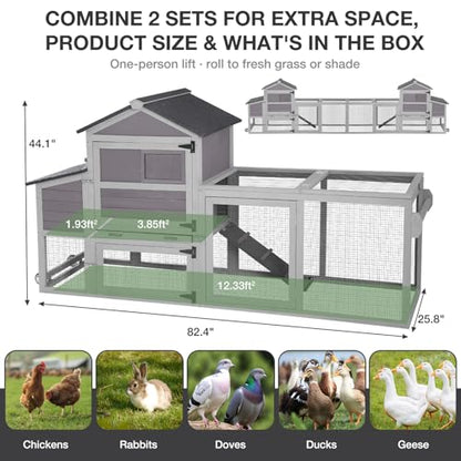 Large Chicken Coop with Wheels, Wooden Hen House with Run & Nesting Box, for 3-5 Chickens, Waterproof Asphalt Roof, Ramp & Leakproof Tray, Expandable - Grey - color: Grey (AIR72)