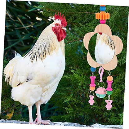 BESPORTBLE Creative Wooden Chicken Hanging Mirror Toy Bell Fun Rooster Hen Activity Mirror for Coop Engaging Design to Relieve Boredom and Promote Healthy Growth