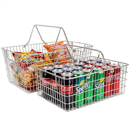2 Pack Picnic Baskets with Handle, Pantry Organizers and Storage Basket, Stainless Steel Cabinet Organizer, Multi-functional Basket, for Gathering,Closets,Pantry,Garage,Bathroom,Picnic & More (S+L) - size: S+L