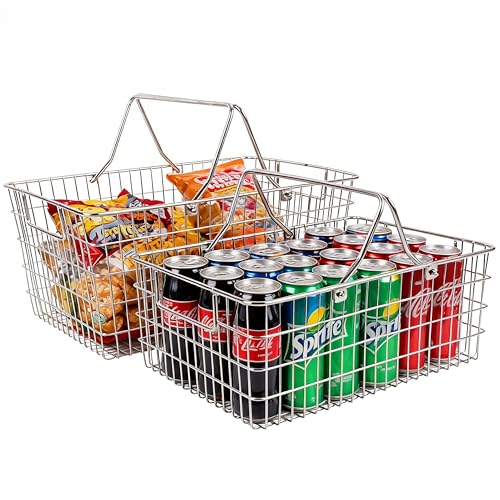2 Pack Picnic Baskets with Handle, Pantry Organizers and Storage Basket, Stainless Steel Cabinet Organizer, Multi-functional Basket, for Gathering,Closets,Pantry,Garage,Bathroom,Picnic & More (S+L) - size: S+L