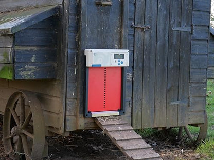 Automatic Chicken Coop Door Opener, ChickenGuard One in All 4 Colours, Timer/Light Sensing, Winter Mode, Auto-Stop & Predator Proof, 3 Power Options, Solar, Battery or Electric (Red + Batteries) - color: Red