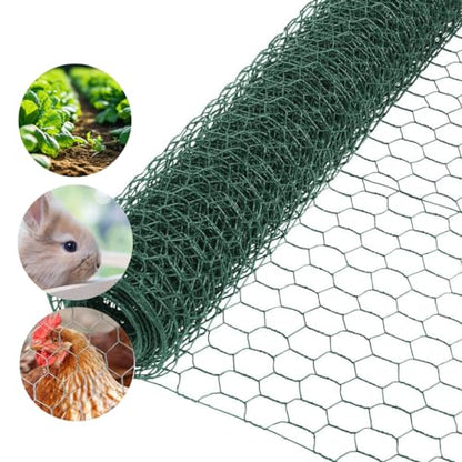 Garden Poultry Green Chicken Wire PVC Coated Hexagonal Wire Mesh Roll Animal Fence 3m x 400mm Garden Netting Fencing for Pet Rabbit Chicken with Gloves & 50Pcs Cable Ties