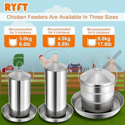 RYFT Automatic Chicken Feeder 8KG/17.6lbs, Stainless Steel Poultry Feeder, Heavy Duty Thickness 0.035 in / 0.9 mm, with Handle, Top Filled, Durable and Rust Resistant - size: 17.6lbs