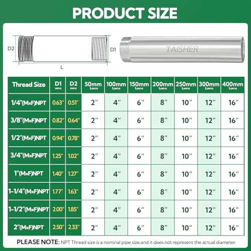 TAISHER 1PCS Stainless Steel Pipe Fittings, 2" NPT Male x 2" NPT Female Threaded, 4" Length Nipple Cast Pipe - size: 2" (M x F)NPT 1Pcs