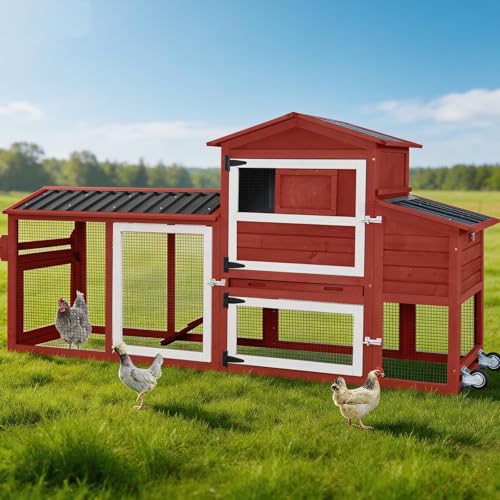 Mobile Chicken Tractor with 2 Nesting Boxes, 81" Large Wooden Chicken Coop for 2-4 Chickens, Predator Proof Poultry House with Wheels, Waterproof Roof & Removable Tray (Red, 80.5"L x 21.2"W x 42.5"H) - color: Red, size: 80.5"L x 21.2"W x 42.5"H