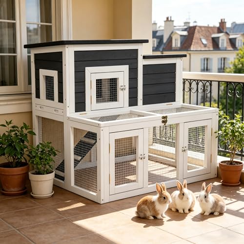 Outdoor Rabbit Hutch, Bunny Cage, Chicken Run Coop Wooden Quail Cage Duck Coop with Ventilating Wire Poultry House for Small Animals (Gray+Black) - color: Gray+Black