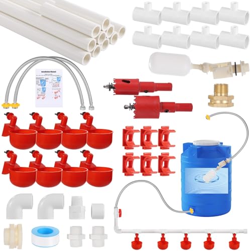 8 Cup Pipeline Automatic Chicken Waterer System, Complete PVC Pipelines Set, Auto Pipe Feeder Poultry Watering Kit with Float Valve, T Connectors
