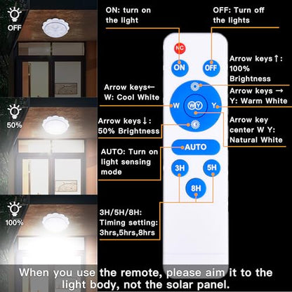MEIHONG Solar Ceiling Light, Porch Ceiling Light with Remote, Dimmable Solar Shed Lights with Timer, Gazebo Lights with Dusk to Dawn Sensor/Timer/3 Color - color: White