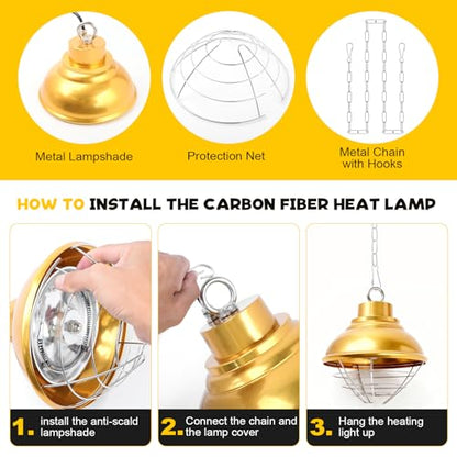 Chicken Heat Lamp Carbon Fiber Tube Brooder Heater Lamps for Chicks,Adjustable 2 Temperature Hanging Chicken Warmer for Livestock Dog Kennel,Cat House,Round 175W/350W