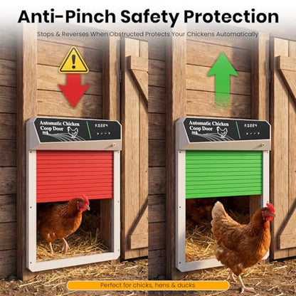 Automatic Chicken Coop Door Solar Powered, Roll-Up Auto Chicken Door with Timer & Light Sensor, Anti-Pinch Safety, Remote Control, Weatherproof Aluminum