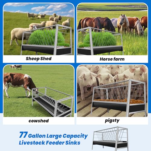 77 Gallon Pasture Feeder, Heavy Duty Stainless Steel Hay Rack, 59” Goat Hay Feeders, Easy Assembly Hay Feeder for Goats, Sheep, and Horses, (Rubber Pallet)