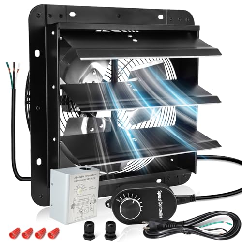 Criditpid 12 Inch Shutter Exhaust Fan with Speed Controller, 970 CFM High Speed Vent Fan with Adjustable Thermostat, 1700 RPM Wall Mounted Kitchen Exhaust Fan for Attic, Garage, GableVentilation. - color: with Thermostat & Speed Controller, size: 12 Inch