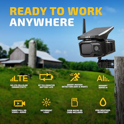 Vosker VKX Farmers Pack Solar 4G LTE Security Camera, Wireless Outdoor Surveillance for Farms, Sheds and Rural Properties, No Wi-Fi Needed, SIM Card Included Night Vision, IP65 Weather-Resistant