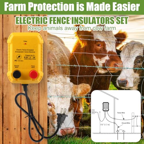 MorningRo Electric Fence Charger Set 110VAC 0.25 Joule Electric Plug in Fence to Contain Pet Poultry Keep Rodent, 50 Black Insulator and 1 Socket Tool 250ft Aluminum Wire for Garden Pond Protection - style: 0.25 Joule