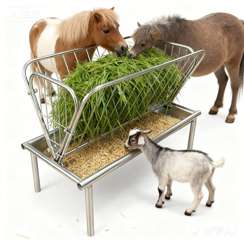 4 Ft Long Goat Hay Feeder, Galvanized Steel Livestock Shelter Hay Rack, Heavy Duty Hays Feeders for Goats Horses, 2-in-1 Horses Goats Feeder with 6" Deep Extra Wide Feed Pan for Sheep Calf Horse Goat