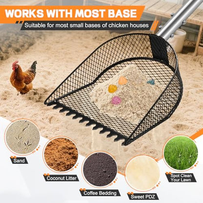 CAROD Metal Chicken Poop Scooper and Rake 2-in-1, Poop Chicken Scoop Sand with Stainless Steel Handle (43-73" Adjustable), Sifter Shovel Chicken Coop Sand Rake for Chicken Coops & Farm Animals - size: medium