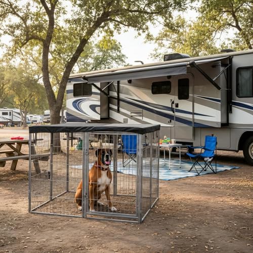 Dog Playpen w/Square Top Shade Cover - 40 inch, 8 Panel Portable Grey Metal Pet Play Pen for Medium & Large Dogs - Indoor/Outdoor Kennel Cage for Home, Yard, RV, or Camping - size: 40 Inch