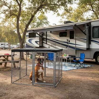 Dog Playpen w/Square Top Shade Cover - 32 inch, 8 Panel Portable Grey Metal Pet Play Pen for Small & Medium Dogs - Indoor/Outdoor Kennel Cage for Home, Yard, RV, or Camping - size: 32 Inch