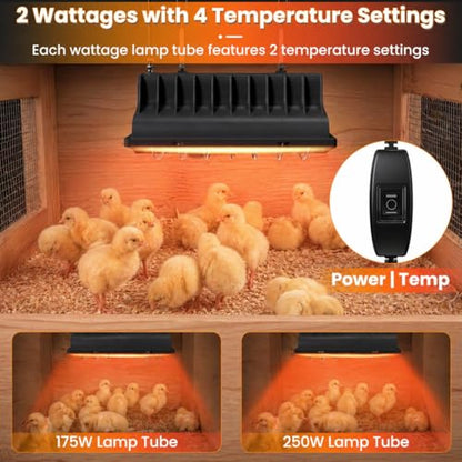 Chicken Brooder Heater for Chicks, Chick Brooder Heat Lamp with 250W & 175W Heating Bulbs, 4 Adjustable Heat Levels for Baby Chicks, Quail, Ducklings & Poultry Brooding - size: 1 Piece