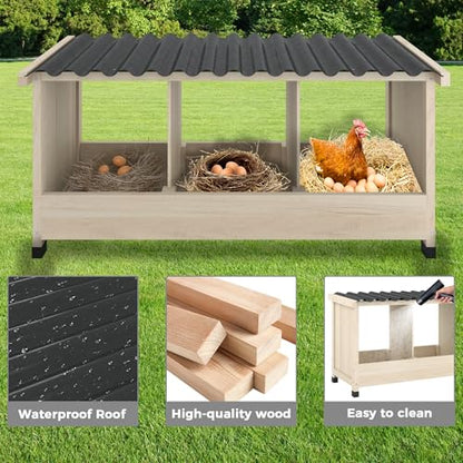 Chicken Nesting Box, 3 Holes Wooden Nesting Box, Hens-Wall Mounted or Floor Use, Chicken Coop Accessorie with PVC Roofing, Preventing Egg Falls, Easy to Assemble, Backyard and Farms - size: 37.8"L x 13.0"W x 16.9"H