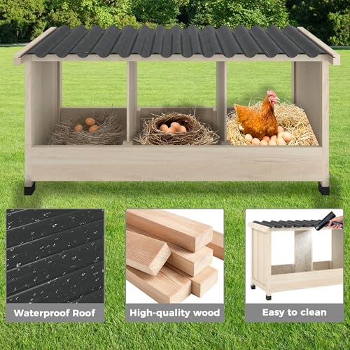Chicken Nesting Box, 3 Holes Wooden Nesting Box, Hens-Wall Mounted or Floor Use, Chicken Coop Accessorie with PVC Roofing, Preventing Egg Falls, Easy to Assemble, Backyard and Farms - size: 37.8"L x 13.0"W x 16.9"H