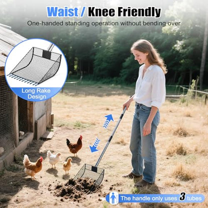 CAROD Chicken Poop Scooper & Rake 2-in-1, Metal Chicken Scoop with 24 to 68" Adjustable Stainless Steel Handle, Litter Scooper Sand Sifting Shovel Chicken Coops/Animals House - size: 10.0"L x 6.7"W x 68.0"H