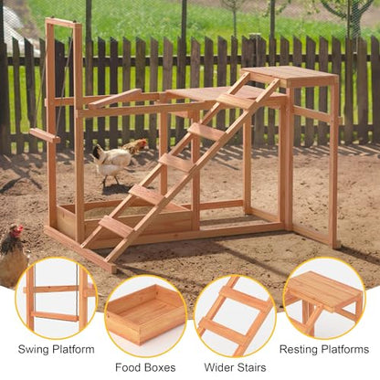 GOJOOASIS Chicken Activity Play Set - Poultry Run with Wood Stand, Ladder, Platforms, Swing, Food Storage, Chicken Toy for Coop, Outdoor Birds Pet Entertainment