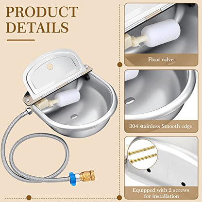 Bokon 2 Sets Automatic Animal Drinking Water Bowl, 304 Stainless Steel Waterer for Dog Cattle Goat Pig, Livestock Water Trough Dispenser with Pipe Hose, 4 Float Valves, Quick Connecter, Expansion Bolt