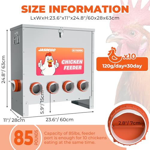 Metal Chicken Feeder No Waste 10 Ports Automatic Poultry Feeder Large Capacity 85 Pounds with Latch & Handle for Chickens Bantams Pheasants Poultry Coop Weatherproof - size: 10 Ports (85-120 LBS)