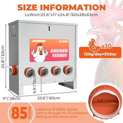 Metal Chicken Feeder No Waste 10 Ports Automatic Poultry Feeder Large Capacity 85 Pounds with Latch & Handle for Chickens Bantams Pheasants Poultry Coop Weatherproof - size: 10 Ports (85-120 LBS)