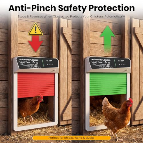Automatic Chicken Coop Door Solar Powered, Roll-Up Auto Chicken Door Opener with Light Sensor, Timer & Remote Control, Large Opening, Anti-Pinch Safety, Aluminum Weatherproof for Chickens & Ducks