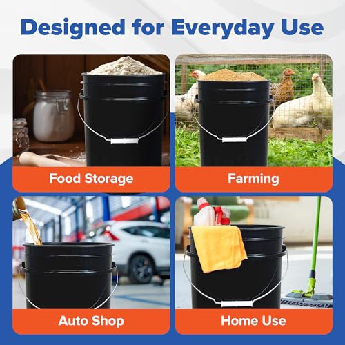 ePackageSupply 5 Gallon Bucket - Food Grade Bucket with Airtight Gasketed Tear Strip Lid, BPA-Free, Heavy-Duty 90 Mil HDPE Plastic Pail, Bulk Storage, Durable Container, Made in USA - Black, 60 Packs | Airtight Gasketed Tear Strip Lid, Heavy-Duty 90 Mil H