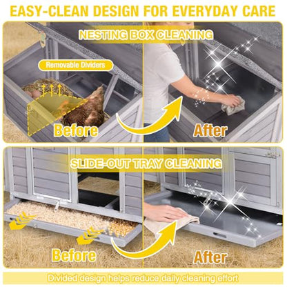 Aivituvin Large Chicken Coop for 4-6 Chickens, Reinforced Outdoor Wooden Hen House with 4 Sectionable Nesting Box, Easy Clean Pull-Out Tray, Waterproof Asphalt Roof - Grey, 67.3"L x 25.4"W x 28.1"H - size: 67.3"L x 25.4"W x 28.1"H