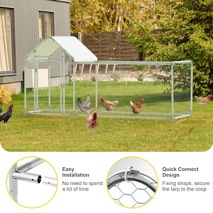 Metal Chicken Coop, Walk-in Chicken Run with Waterproof & Anti-UV Cover Poultry Cage Spire Roof with Lockable Door Chicken Hen House for Duck Rabbit Outdoor Farm - size: 113.5"L x 39.5"W x 59.0"H