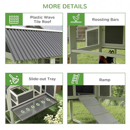 PawHut Chicken Coop with Run, Large Wooden Chicken House with 2 Nesting Boxes, 2 Roosting Bars, Ramp & Tray, Hen House Poultry Cage for 4-6 Chickens, 69" W x 84" x 59"
