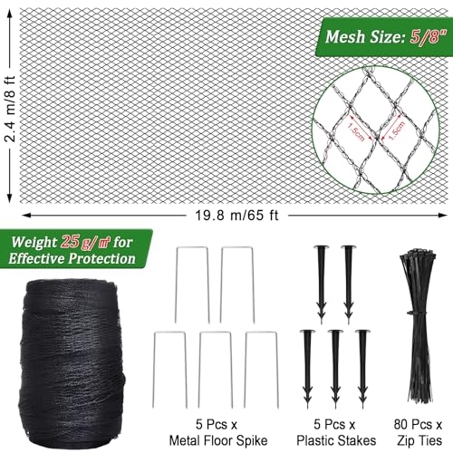 Bird Netting for Garden,8 X 65 Ft Reusable Protective Garden Netting Cover for Plants Fruit Trees Vegetables, 5/8in Mesh Heavy Duty Poultry Fence Animal Barrier with Ties and Staples - size: 8 X 65 Ft