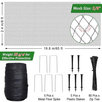Bird Netting for Garden,8 X 65 Ft Reusable Protective Garden Netting Cover for Plants Fruit Trees Vegetables, 5/8in Mesh Heavy Duty Poultry Fence Animal Barrier with Ties and Staples - size: 8 X 65 Ft