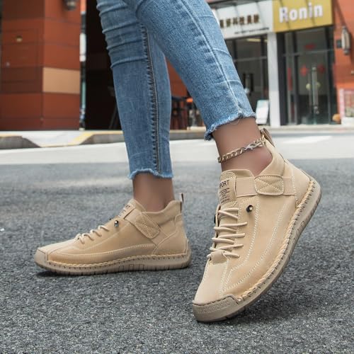 Womens Hand Stitching Leather Slip-On Ankle Boots with Adjustable Elastic Band Casual Lightweight Non-Slip Walking Loafers Retro High Top Flat Boat Shoes - color: Beige, size: 9 Wide
