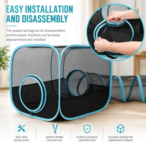 Rabbit Playpen with Tunnel, Breathable & Transparent Rabbit Playpen Pop Open Tent with Tube for Dwarf Rabbits,Ferret, Small Animal Playpens Bunny Tunnels Exercise Play Indoor or Outdoor