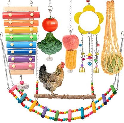 Chicken Toys for Coop 7PCS, KAKUNM Chicken Xylophone, Swing Set, Mirror Toy, Flexible Ladder, Vegetable String Bag and Hanging Feeder - color: 7PCS
