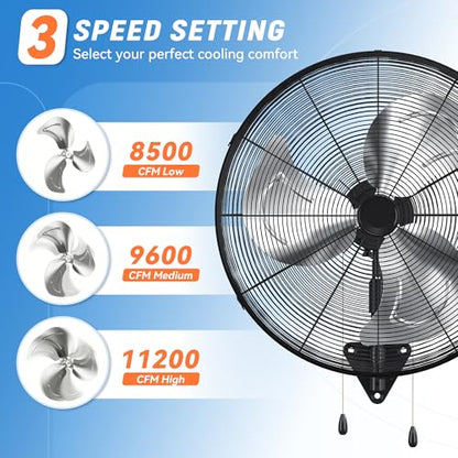 30 Inch Industrial Wall Mount Fan, Heavy Duty High Velocity Oscillating Wall Fan with 3 Speeds, 360° Adjustable Tilt Wall Mounted Fan for Garage, Workshop, Warehouse, Patio, Commercial and Home - size: 30 INCH
