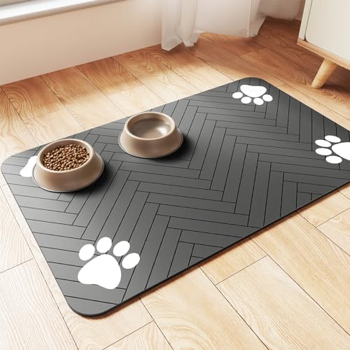 Pet Feeding Mat-Absorbent Pet Placemat for Food and Water Bowl, with Waterproof Rubber Backing, Quick Dry Water Dispenser Mat for Dog and Cat (32"x22", Striped Dark Gray) - color: Dark Gray, size: 32"L x 22"W